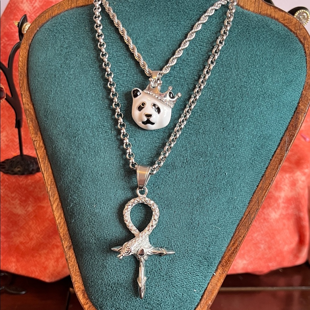 Silver-tone King Panda & Snake Ankh Cross Layered Necklace - BOLD & Unisex